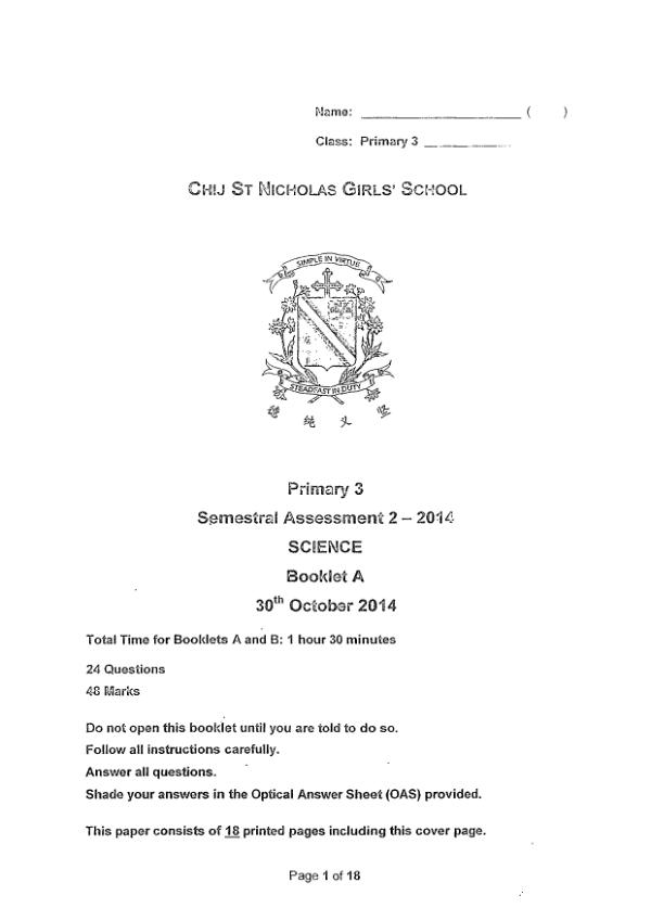 CHIJ P3 Sci SA2 2014 exam paper PDF first page preview