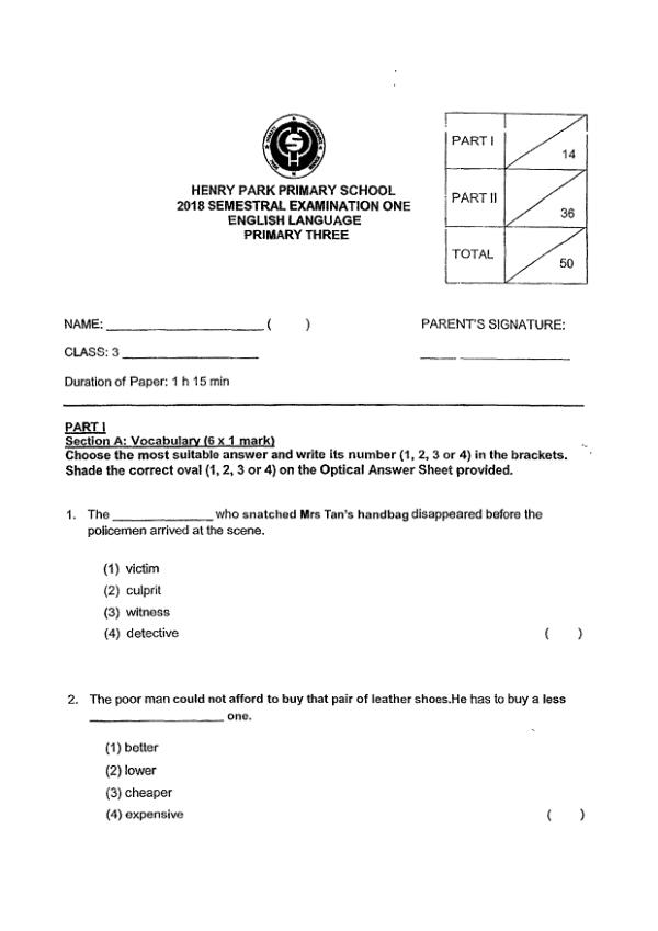 Henry Park P3 Eng WA2 2018 exam paper PDF first page preview