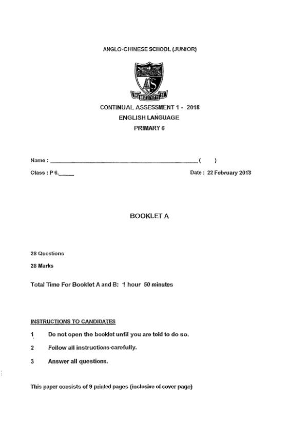 Anglo Chinese P6 Eng WA1 2018 exam paper PDF first page preview