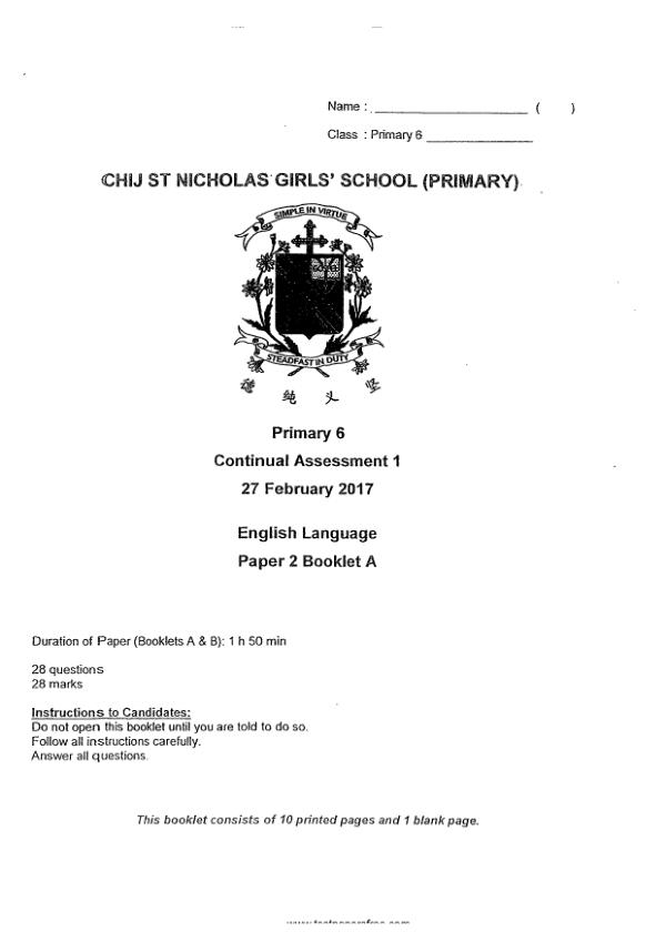 CHIJ P6 Eng WA1 2017 exam paper PDF preview