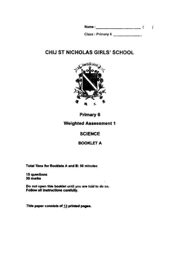 First page preview of P6 Sci 2023 WA1 — CHIJ