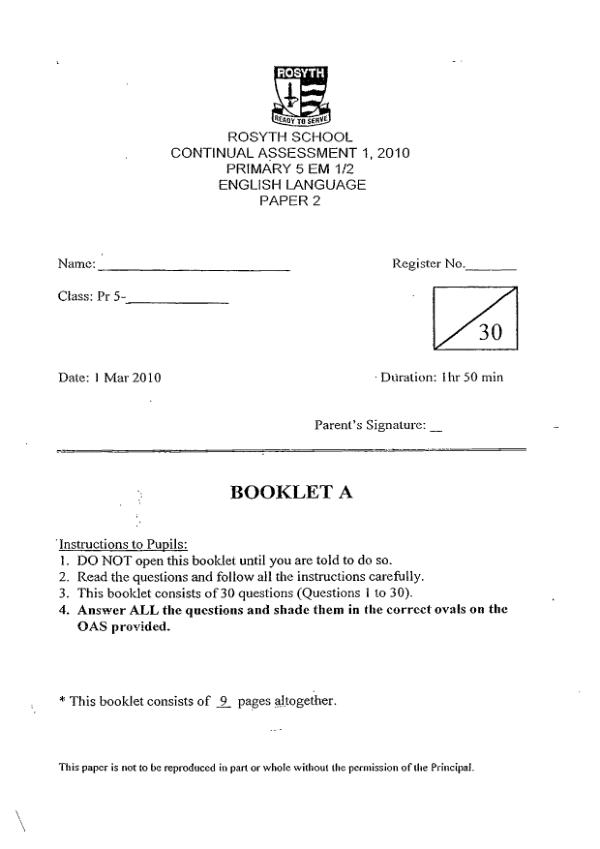 Rosyth P5 Eng WA1 2010 exam paper PDF preview