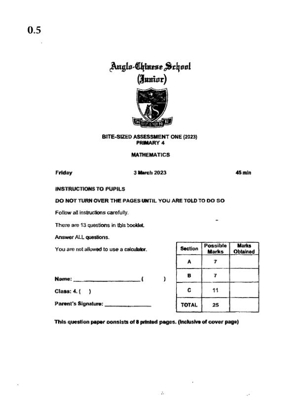 First page preview of P4 Math 2023 WA2 — Anglo Chinese