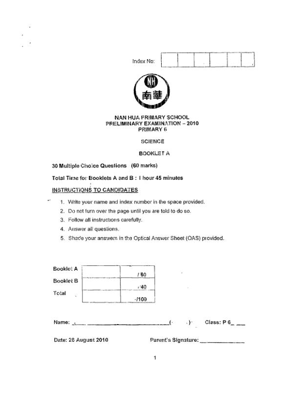 Nan Hua P6 Sci SA2 2010 exam paper PDF first page preview