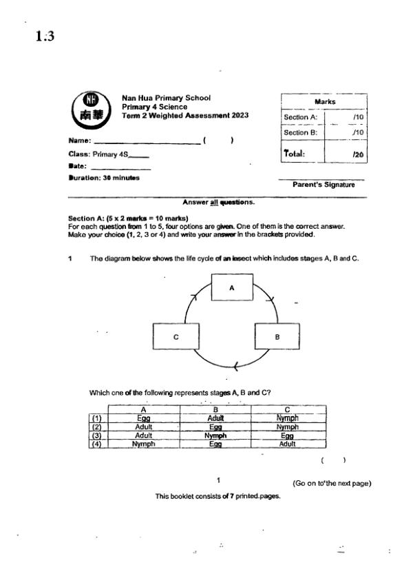 Nan Hua P4 Sci WA3 2023 exam paper PDF first page preview