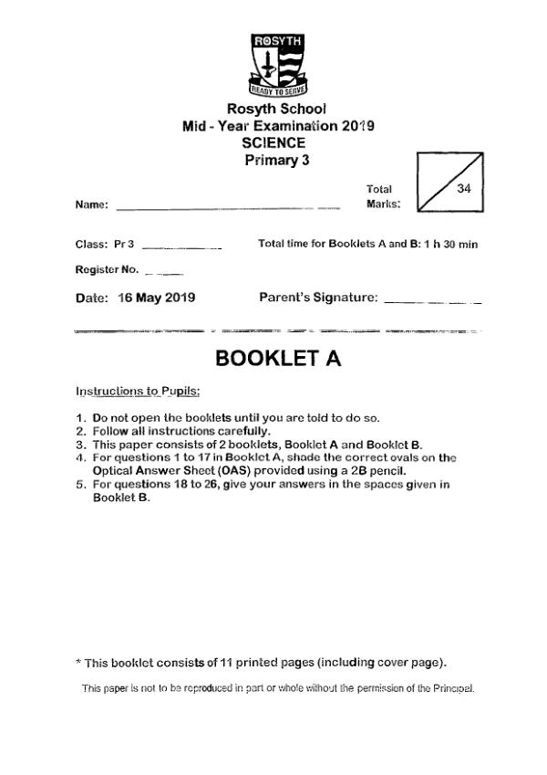 Rosyth P3 Sci WA2 2019 exam paper PDF first page preview