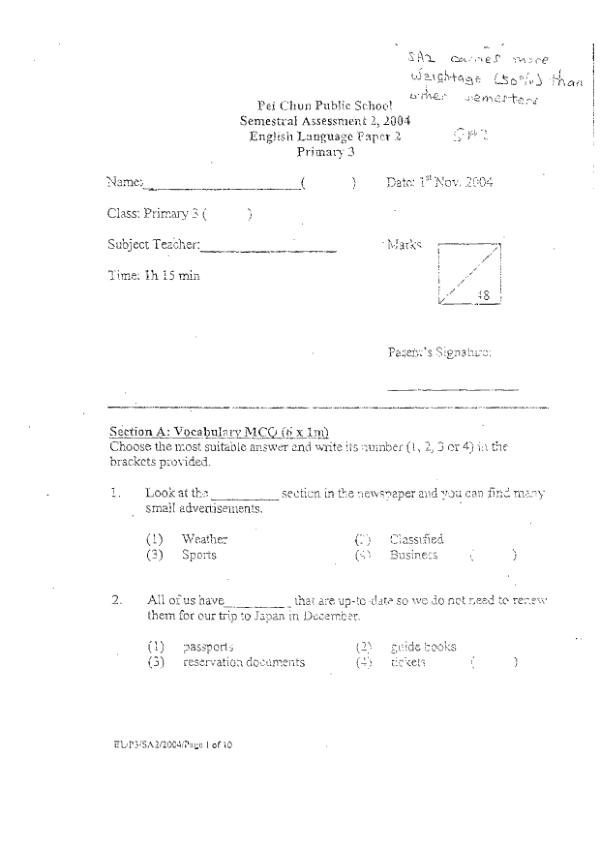 Pei Chun P3 Eng SA2 2004 exam paper PDF first page preview