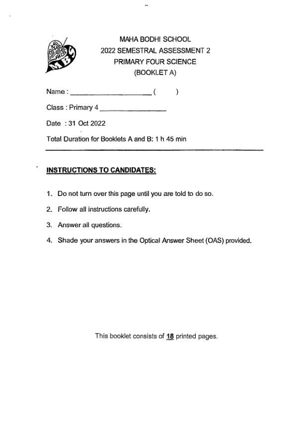 Maha Bodhi P4 Sci SA2 2022 exam paper PDF preview