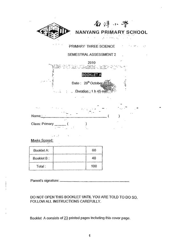Nanyang P3 Sci SA2 2010 exam paper PDF preview