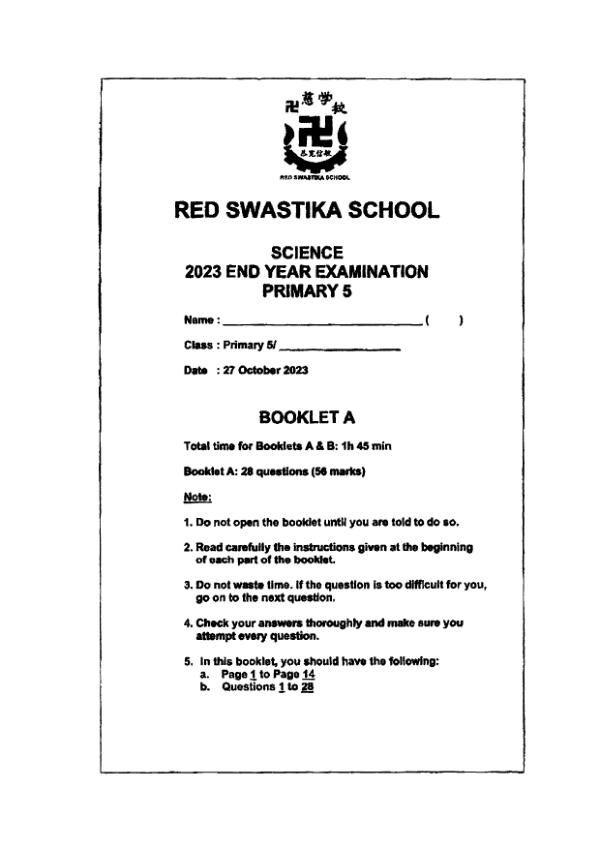 Red Swastika P5 Sci SA2 2023 exam paper PDF preview