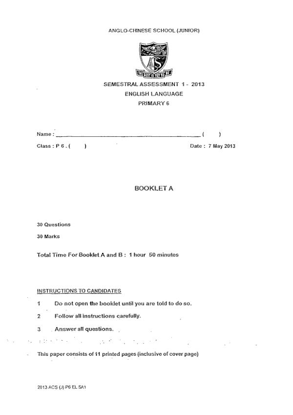 Anglo Chinese P6 Eng WA2 2013 exam paper PDF first page preview