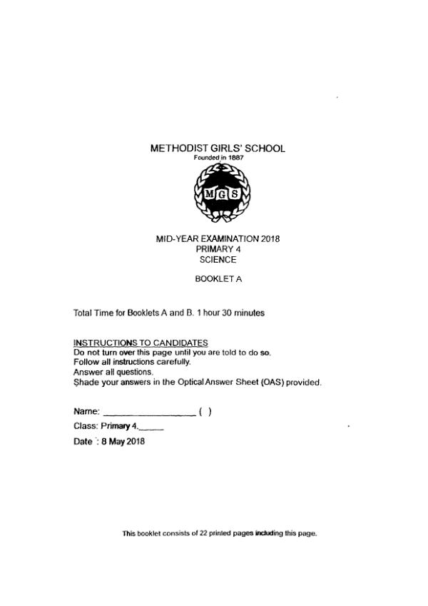 Methodist Girls P4 Sci WA2 2018 exam paper PDF first page preview