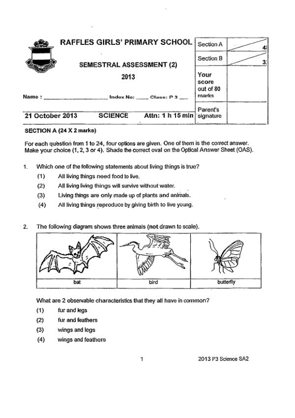 Raffles Girls P3 Sci SA2 2013 exam paper PDF first page preview