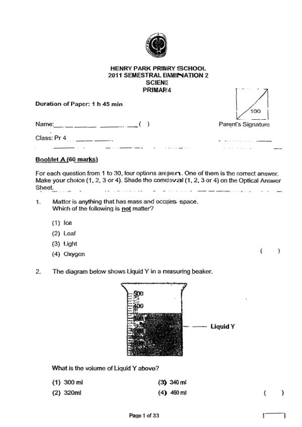 Henry Park P4 Sci SA2 2011 exam paper PDF first page preview