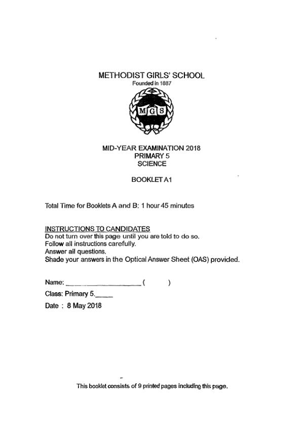 Methodist Girls P5 Sci WA2 2018 exam paper PDF first page preview