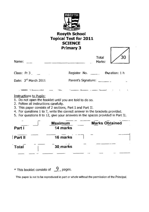 Rosyth P3 Sci WA1 2011 exam paper PDF preview