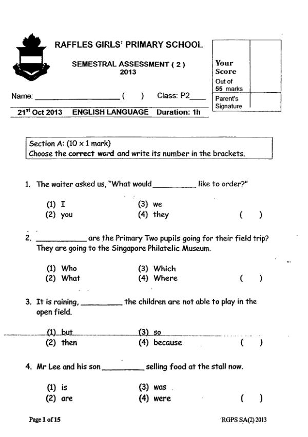 Raffles Girls P2 Eng SA2 2013 exam paper PDF first page preview