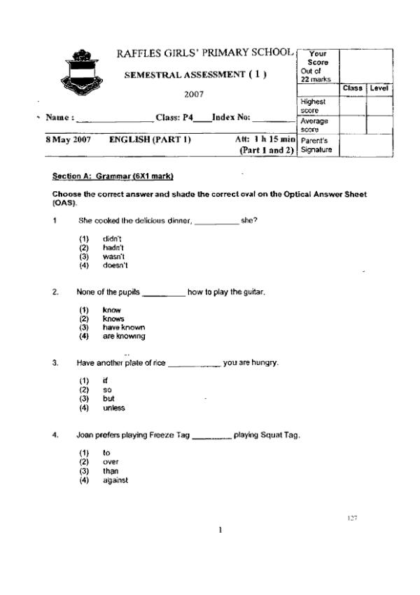 Raffles Girls P4 Eng WA2 2007 exam paper PDF preview