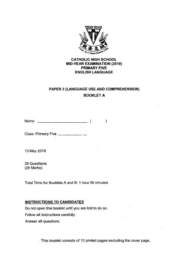 Catholic High P5 Eng WA2 2019 exam paper PDF first page preview