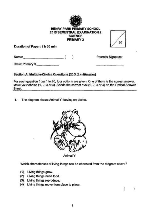 Henry Park P3 Sci SA2 2015 exam paper PDF first page preview