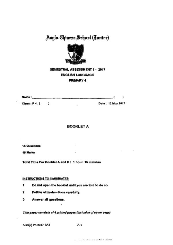 Anglo Chinese P4 Eng WA2 2017 exam paper PDF preview