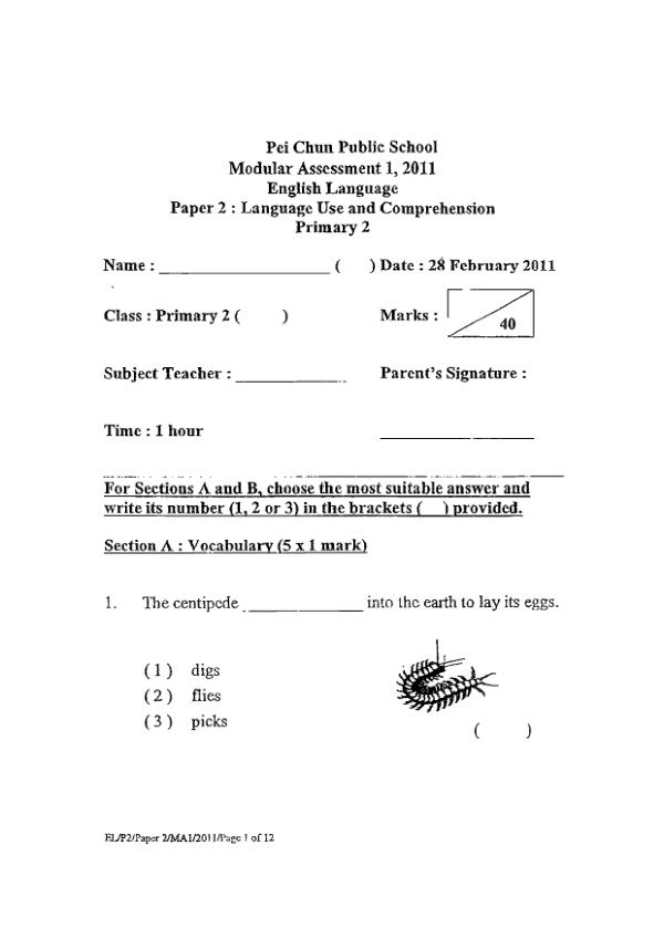 Pei Chun P2 Eng WA1 2011 exam paper PDF first page preview