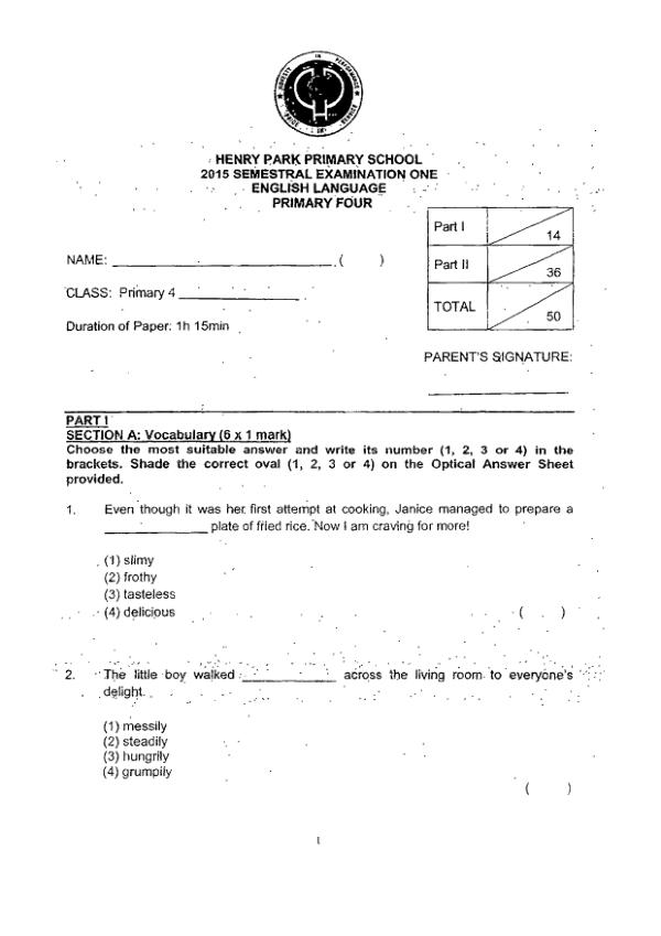 Henry Park P4 Eng WA2 2015 exam paper PDF first page preview