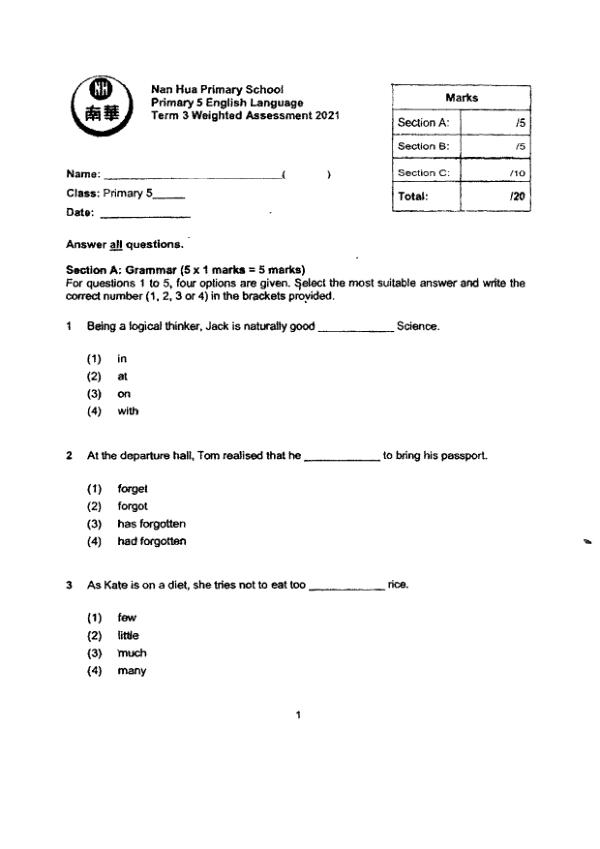 Nan Hua P5 Eng WA3 2021 exam paper PDF first page preview