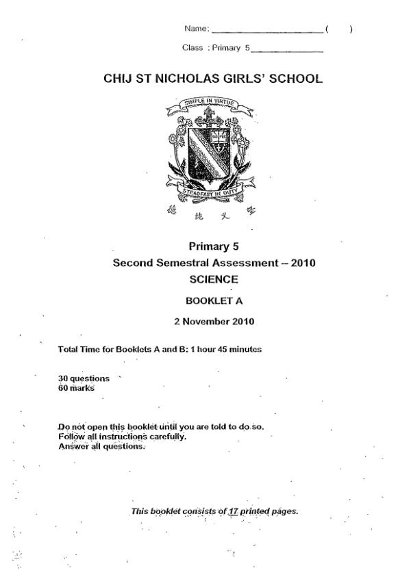 CHIJ P5 Sci SA2 2010 exam paper PDF preview