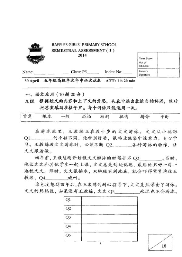 Raffles Girls P5 Chi WA2 2014 exam paper PDF first page preview