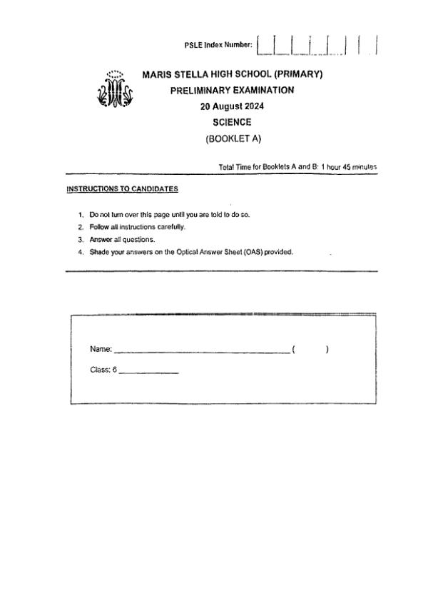 First page preview of P6 Sci 2024 SA2 — Maris Stella High