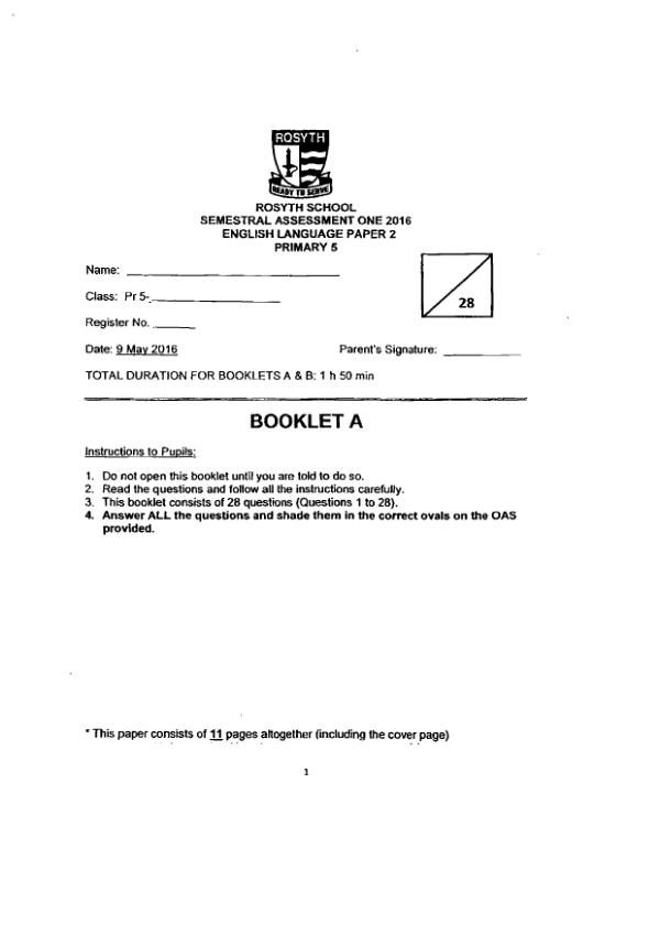 Rosyth P5 Eng WA2 2016 exam paper PDF first page preview