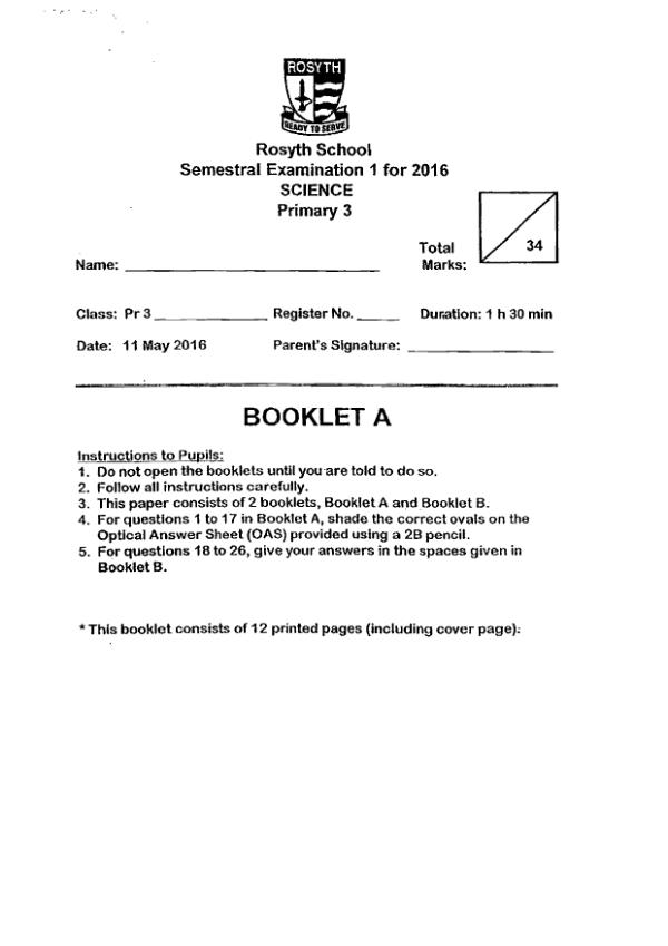 Rosyth P3 Sci WA2 2016 exam paper PDF first page preview