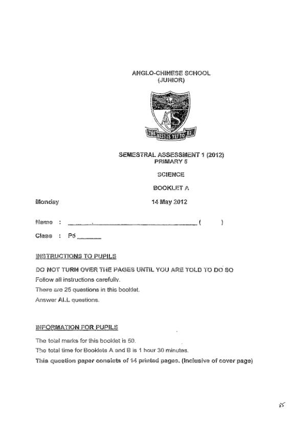 Anglo Chinese P5 Sci SA2 2012 exam paper PDF preview