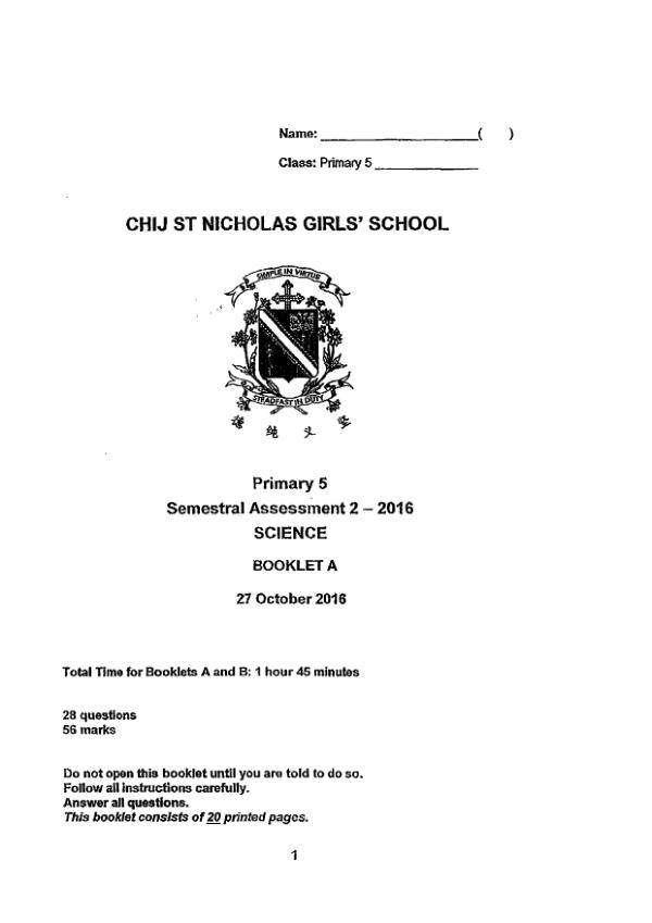 CHIJ P5 Sci SA2 2016 exam paper PDF first page preview
