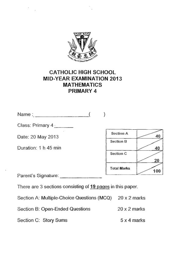 Catholic High P4 Math WA2 2013 exam paper PDF preview