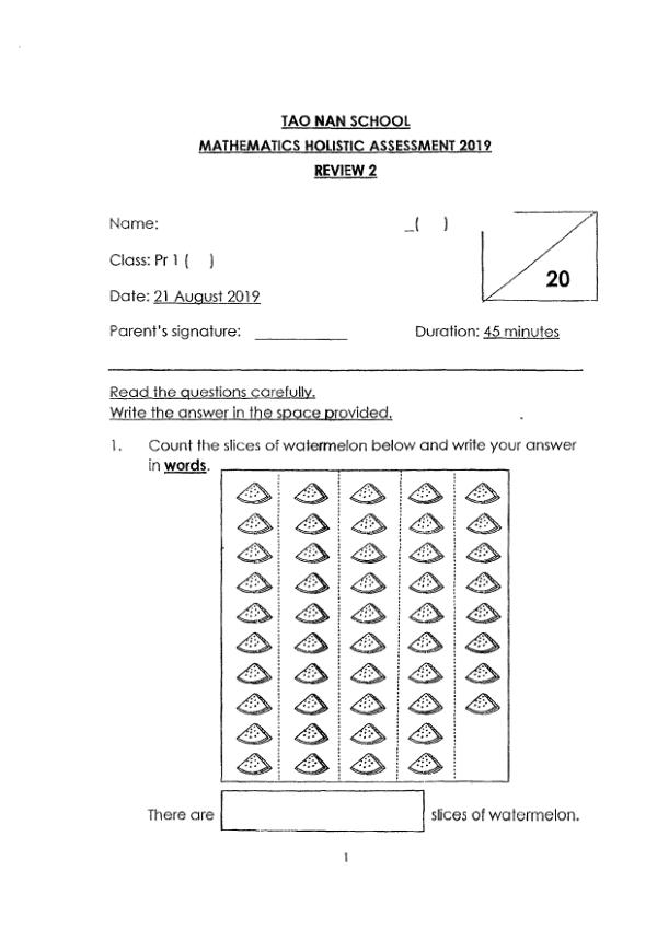 First page preview of P1 Math 2019 WA2 — Tao Nan