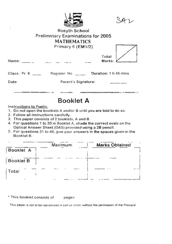 First page preview of P6 Math 2005 SA2 — Rosyth