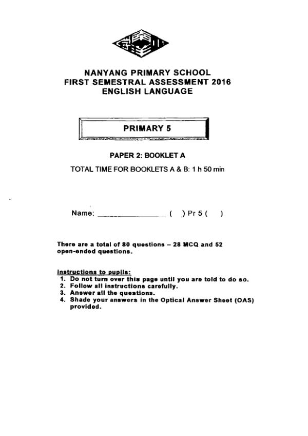 Nanyang P5 Eng WA2 2016 exam paper PDF first page preview