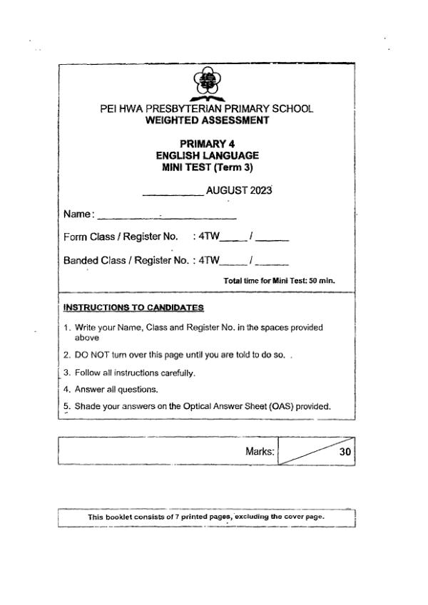 Pei Hwa P4 Eng WA3 2023 exam paper PDF first page preview