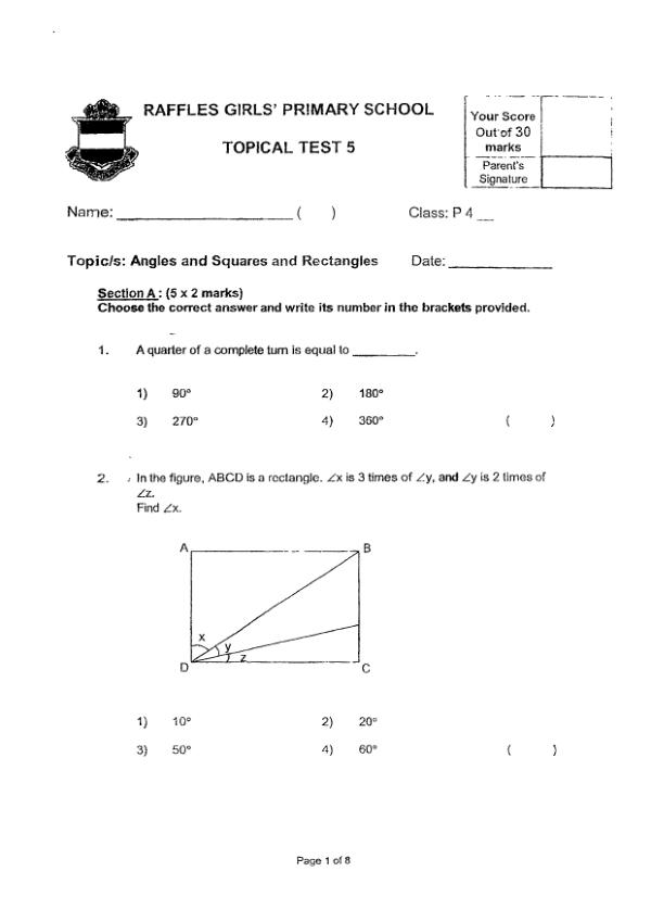 First page preview of P4 Math 2025 WA1 — Raffles Girls