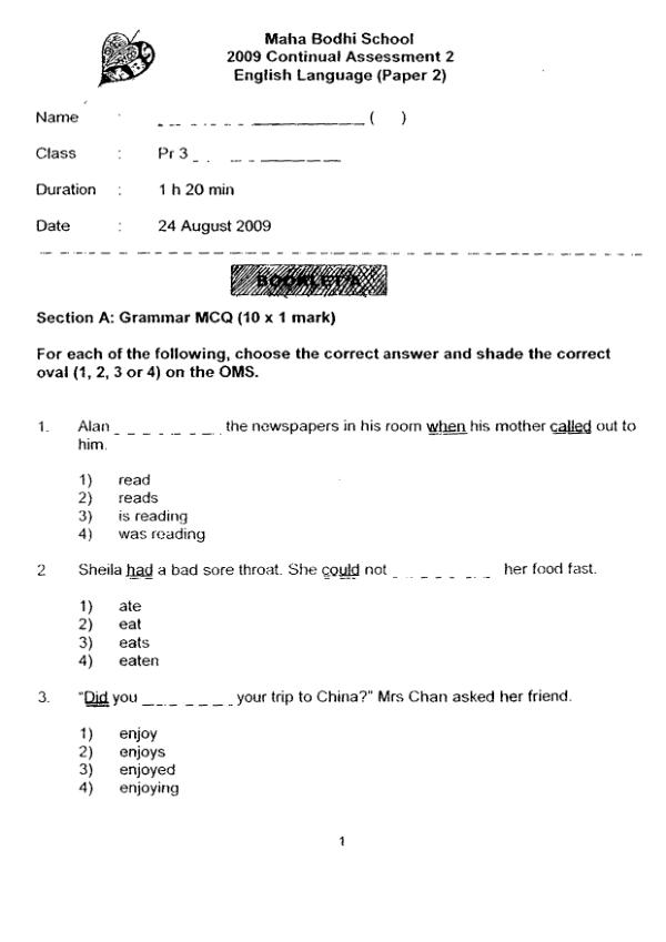 Maha Bodhi P3 Eng WA3 2009 exam paper PDF first page preview