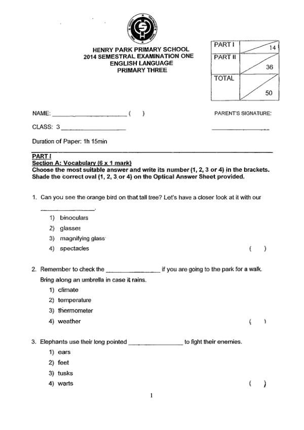 Henry Park P3 Eng WA2 2014 exam paper PDF preview