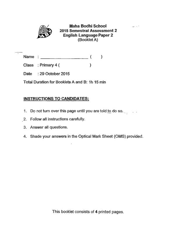 Maha Bodhi P4 Eng SA2 2015 exam paper PDF first page preview