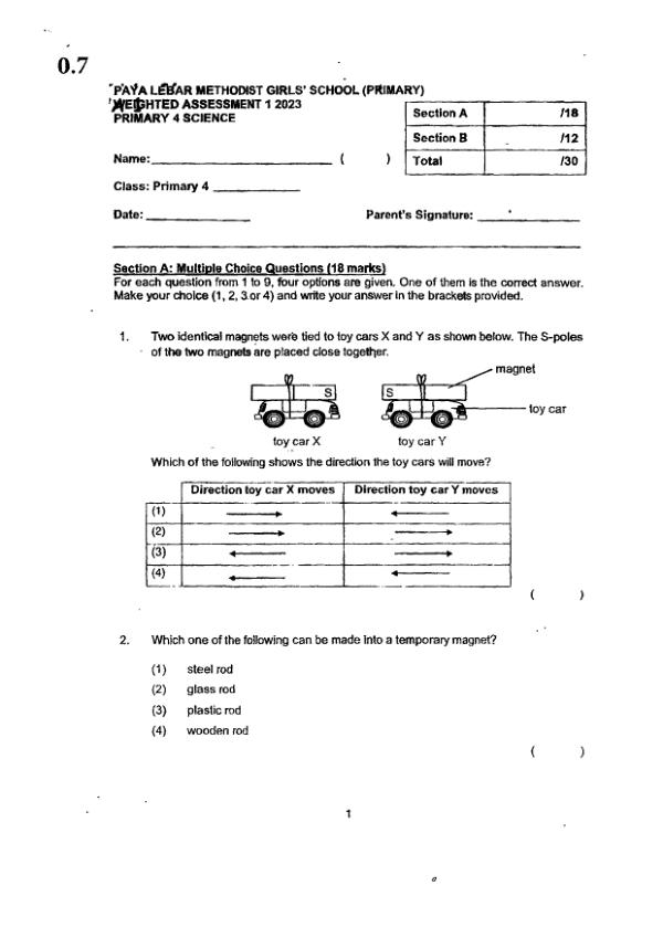 Methodist Girls P4 Sci WA2 2023 exam paper PDF first page preview