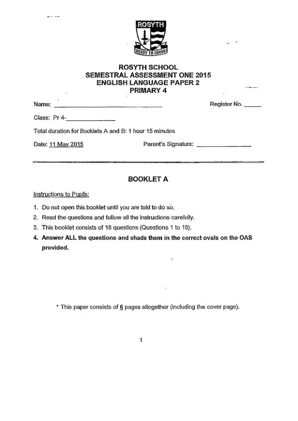Rosyth P4 Eng WA2 2015 exam paper PDF first page preview