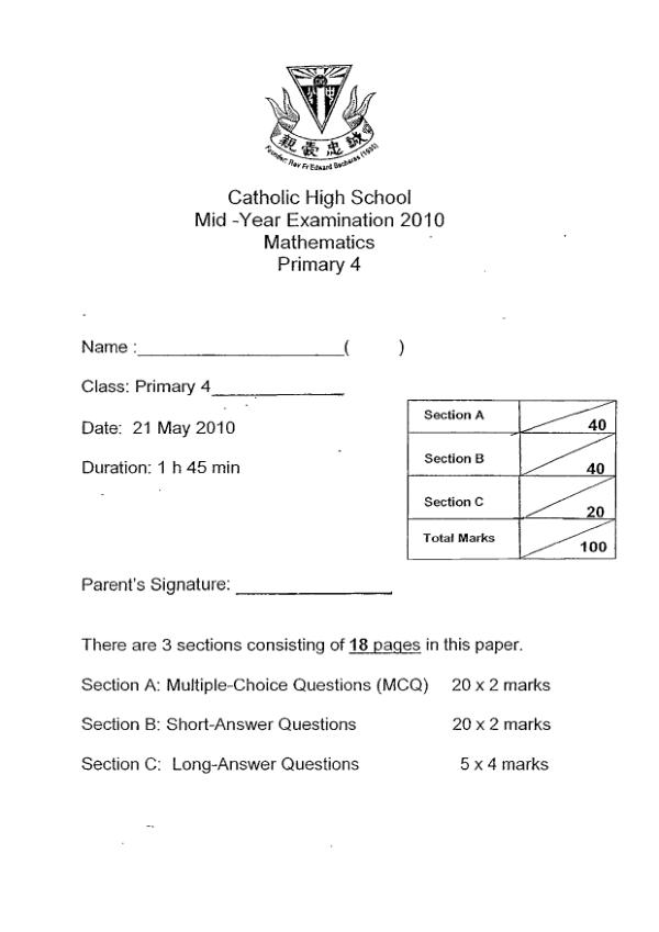 Catholic High P4 Math WA2 2010 exam paper PDF first page preview
