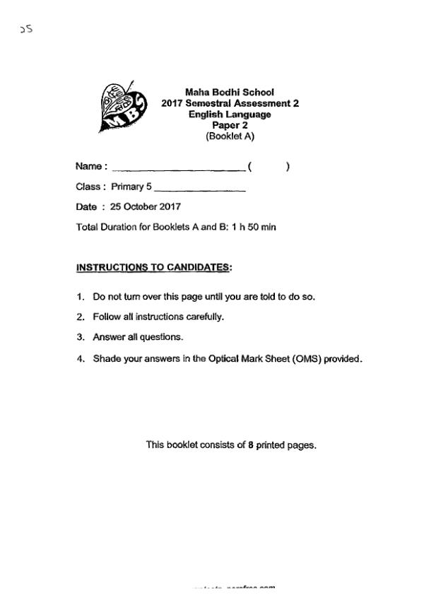 Maha Bodhi P5 Eng SA2 2017 exam paper PDF first page preview