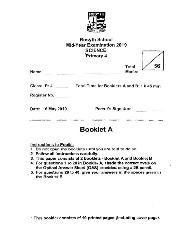 Rosyth P4 Sci WA2 2019 exam paper PDF first page preview