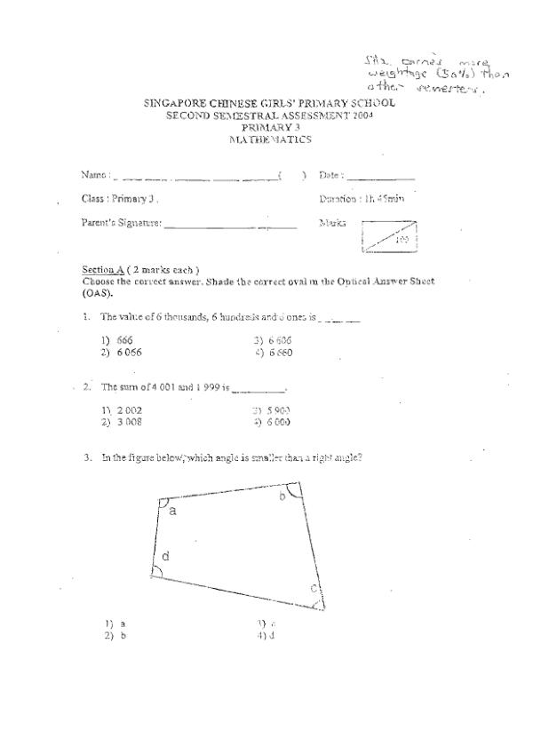 Singapore Chinese Girls P3 Math SA2 2004 exam paper PDF first page preview